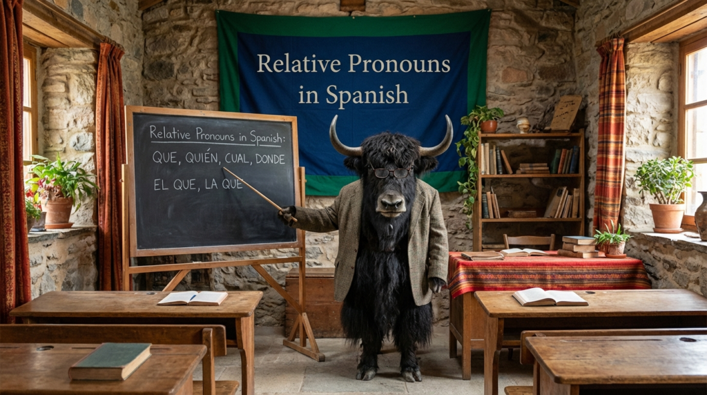 A personified yak Spanish teacher that explains Spanish diminutives with easy -ito and -ita examples in Mexican Spanish.