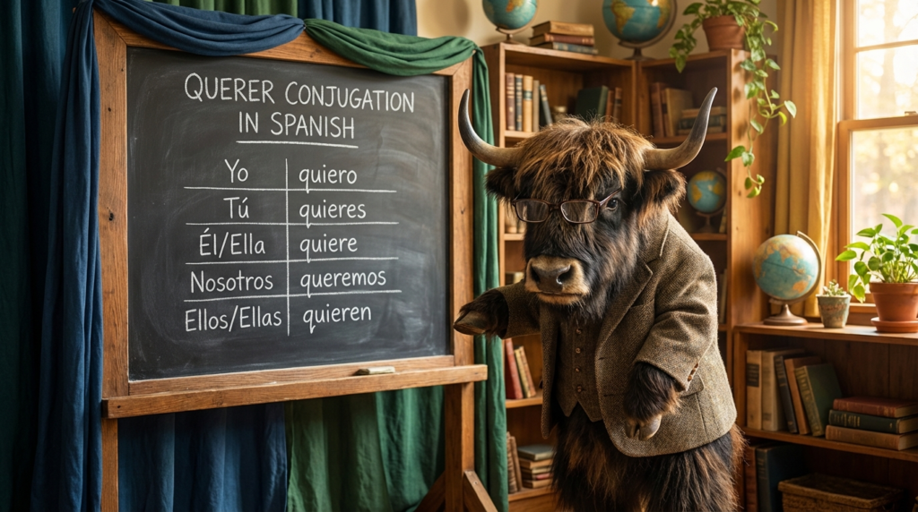A personified yak Spanish teacher that explains querer conjugation in Spanish with charts and real examples for beginners.