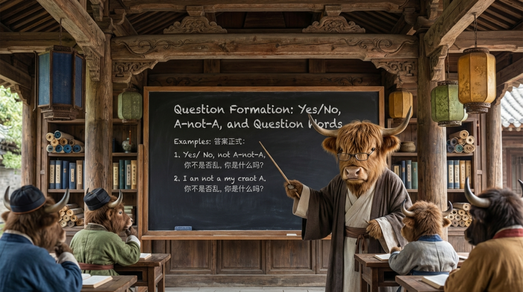A personified yak Chinese teacher that teaches simplified Chinese question formation with yes/no questions, A-not-A patterns, and question words.