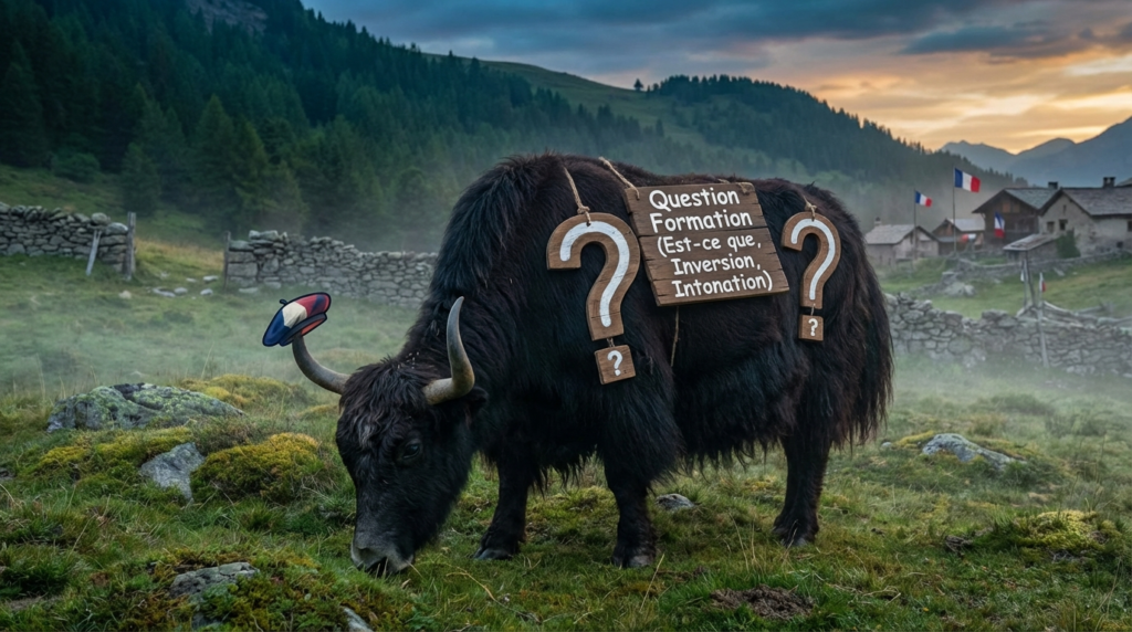 A personified yak French teacher that explains French question formation with est-ce que, inversion, and intonation.