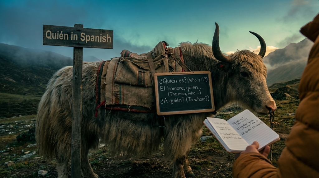 A personified yak Spanish teacher that explains quién in Spanish, quiénes, and quien without the accent.