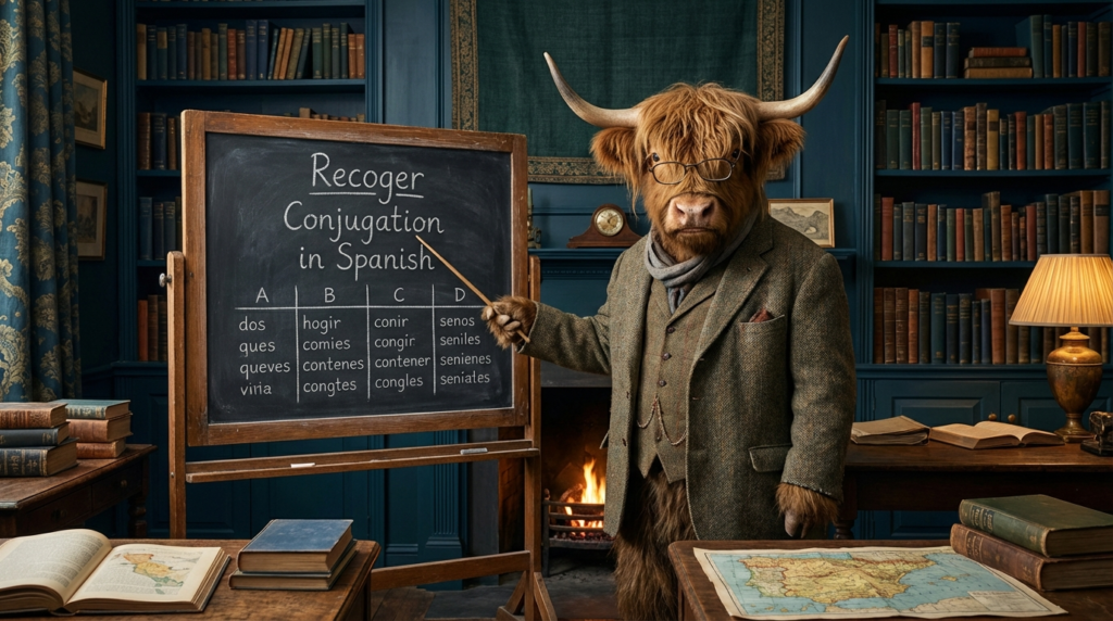 A personified yak Spanish teacher that explains perdonar conjugation in Spanish with easy charts and apology phrases.