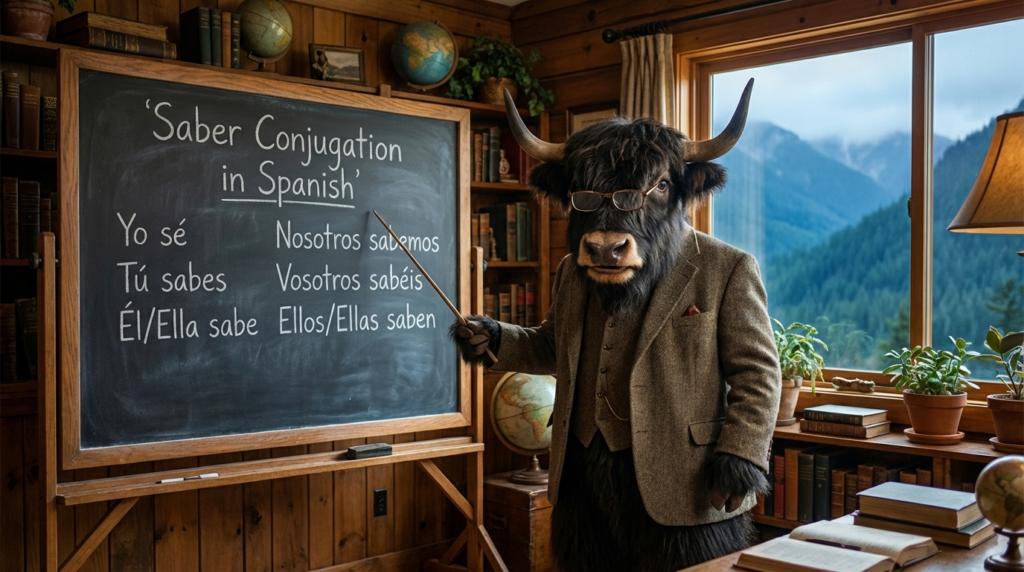 A personified yak Spanish teacher that explains saber conjugation in Spanish with easy charts and real examples.