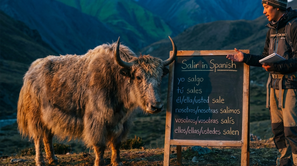 A personified yak Spanish teacher that explains salir in Spanish with leave and go out examples.