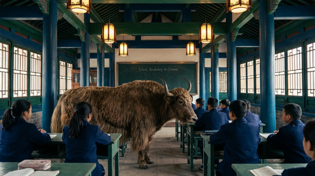 A personified yak Chinese teacher that teaches school vocabulary in Chinese for beginners.