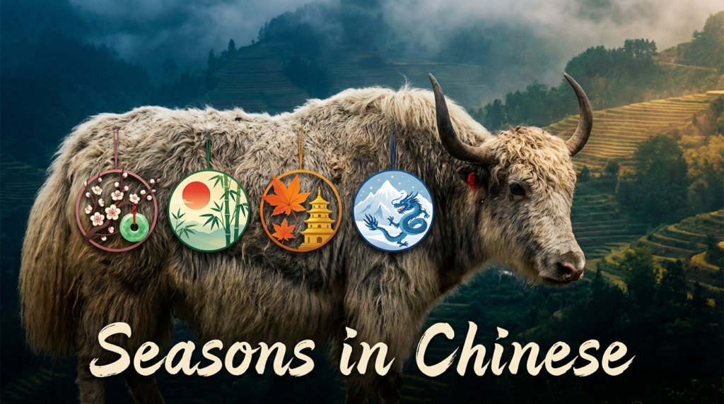 A personified yak Chinese teacher that teaches seasons in Chinese vocabulary with pinyin for beginners.