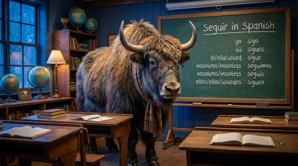 A personified yak Spanish teacher that teaches seguir in Spanish with beginner-friendly meanings, conjugation, and real examples.