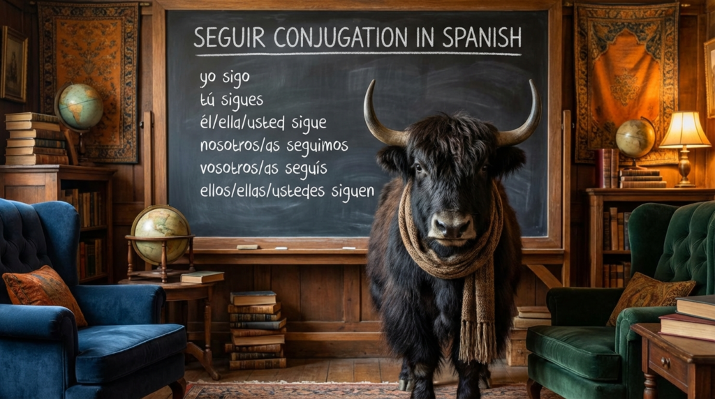 A personified yak Spanish teacher that teaches seguir conjugation in Spanish with easy charts and real-life examples.