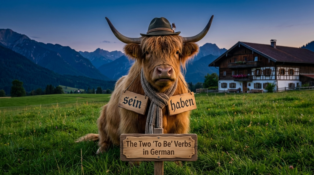 A personified yak German teacher that explains German sein vs haben uses and conjugation for beginners.