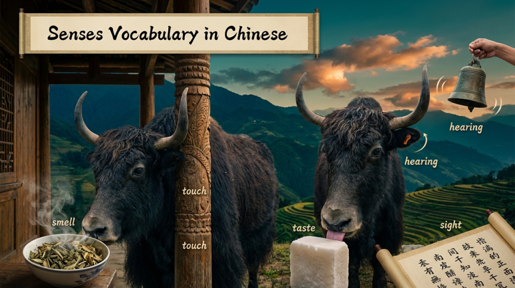 A personified yak Chinese teacher that teaches Chinese senses vocabulary with sight, sound, smell, taste, and touch words.