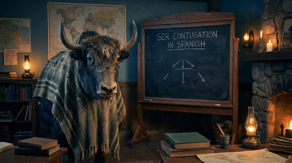 A personified yak Spanish teacher that explains Spanish ser conjugation for beginners with easy charts and real examples.