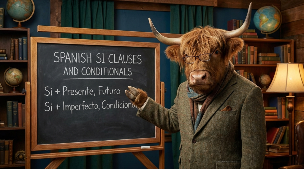 A personified yak Spanish teacher that explains Spanish si clauses and conditionals for beginners with charts and real-life examples.