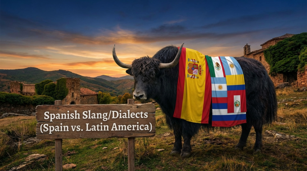 A personified yak Spanish teacher that explains Spanish slang differences between Spain and Latin America.