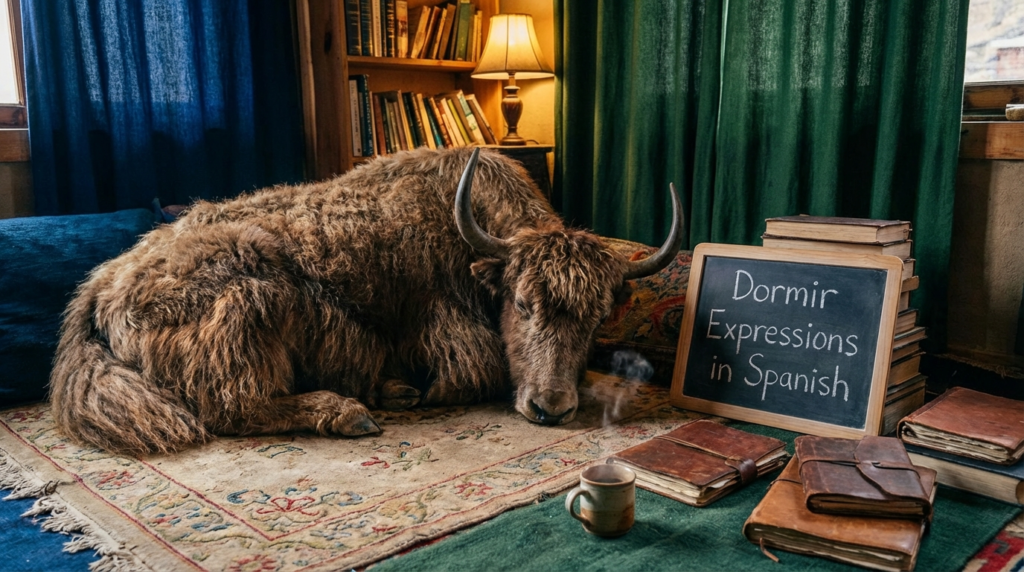 A personified yak Spanish teacher that teaches dormir expressions in Spanish with sleep phrases and idioms.