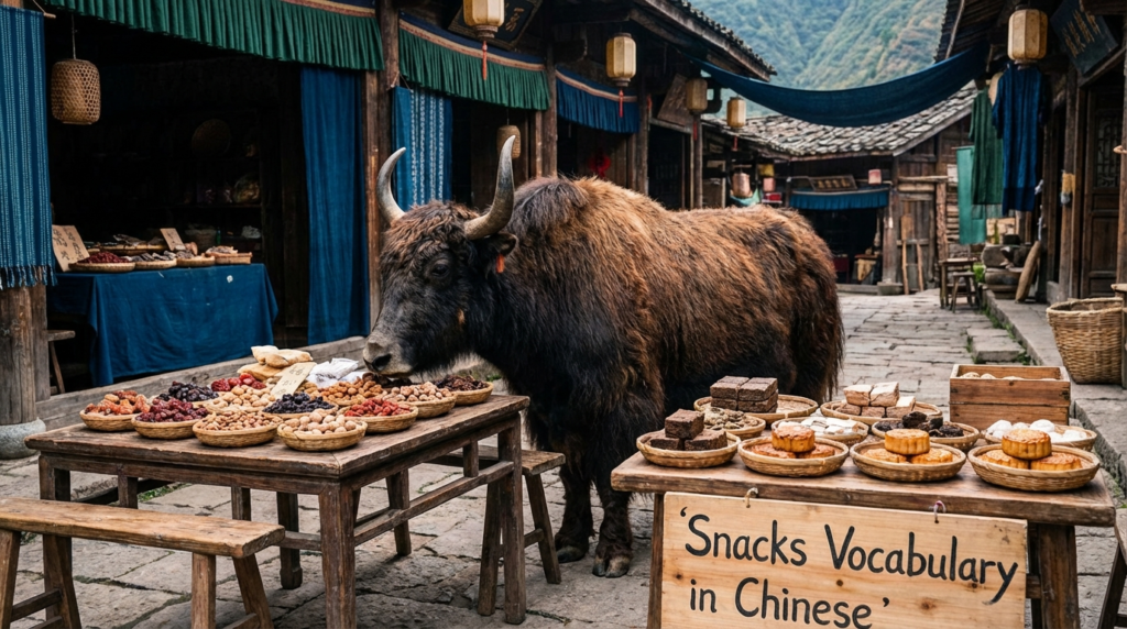 A personified yak Chinese teacher that teaches Chinese snacks vocabulary for beginners with pinyin and real-life food examples.