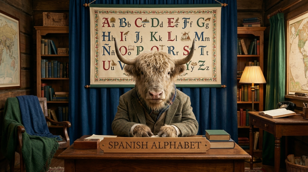 A personified yak Spanish teacher that teaches the Spanish alphabet for beginners with pronunciation, letters, and spelling examples.