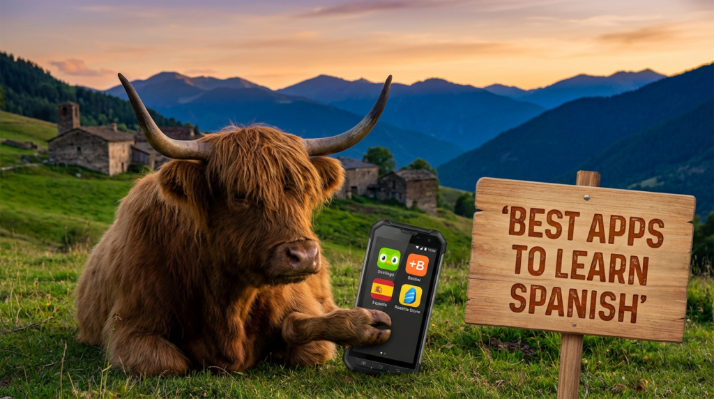 A personified yak Spanish teacher that compares the best apps to learn Spanish for beginners.