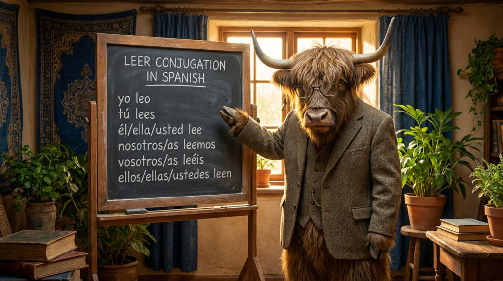 A personified yak Spanish teacher that explains leer conjugation in Spanish with easy verb charts and real examples.