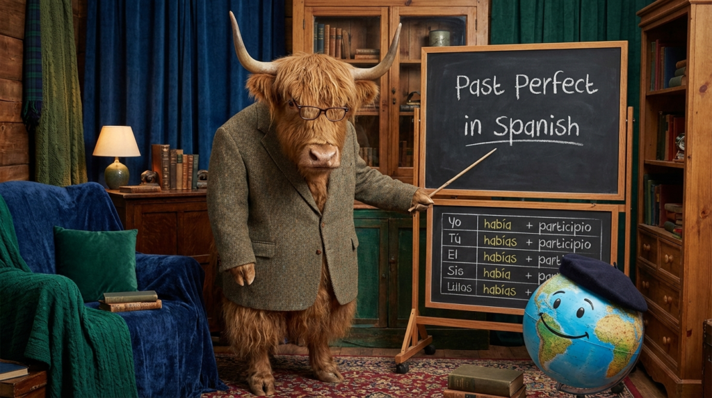 A personified yak Spanish teacher that explains Spanish past perfect with había and past participles for beginners.