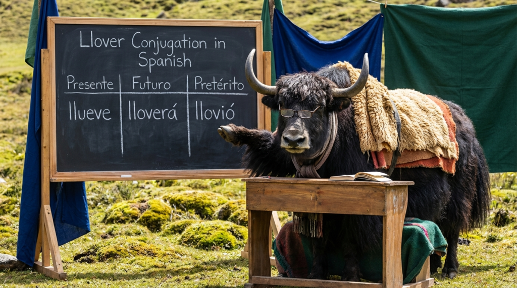 A personified yak Spanish teacher that explains Spanish llover conjugation with rain verb forms and real-life examples.