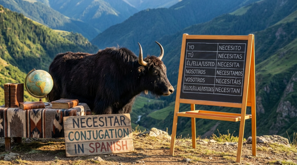 A personified yak Spanish teacher that explains servir conjugation in Spanish with easy verb charts and real-life examples.