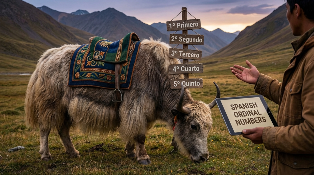 A personified yak Spanish teacher that explains Spanish ordinal numbers for beginners with real-life examples.