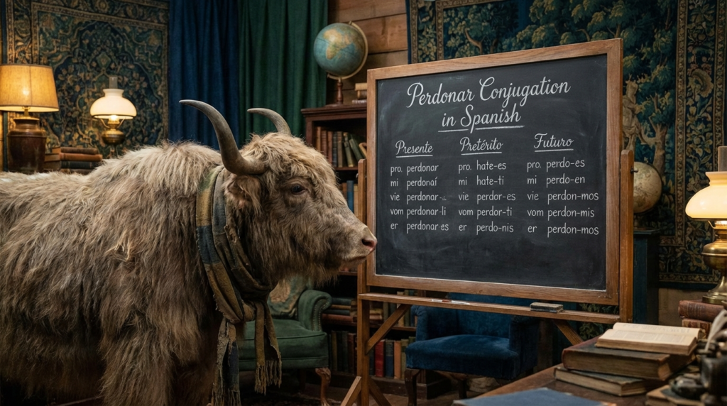 A personified yak Spanish teacher that teaches apoyar conjugation in Spanish with real examples and quick charts.