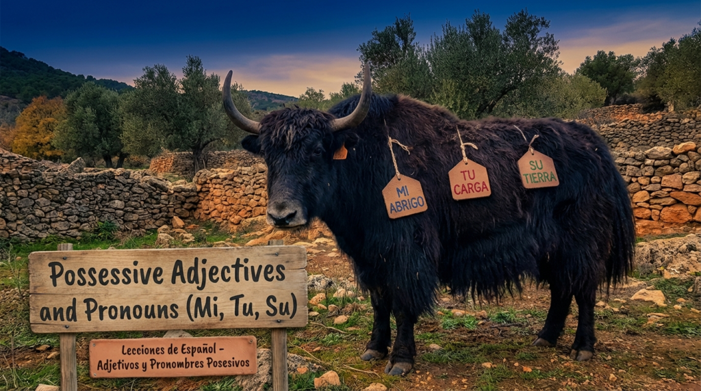 A personified yak Spanish teacher that teaches Spanish possessive adjectives and pronouns mi tu su with real-life examples.