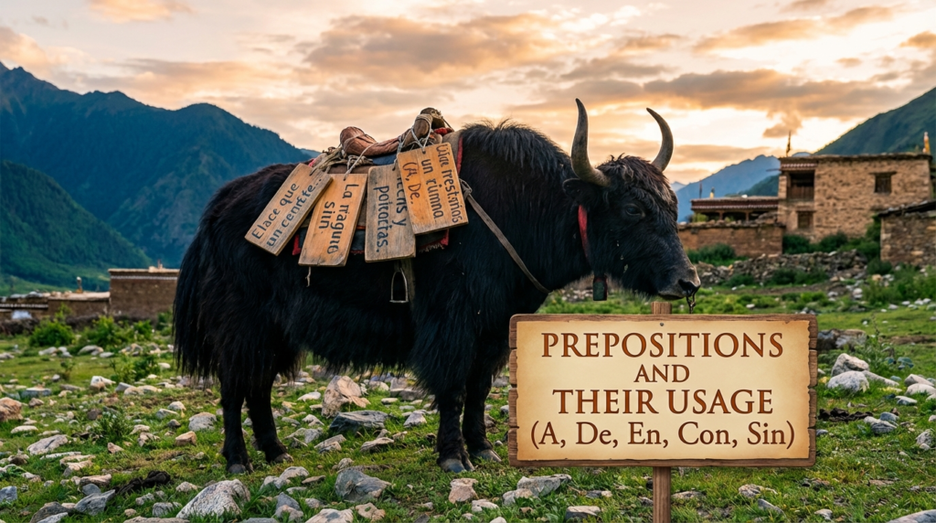 A personified yak Spanish teacher that explains Spanish prepositions a de en con sin with real-life examples.