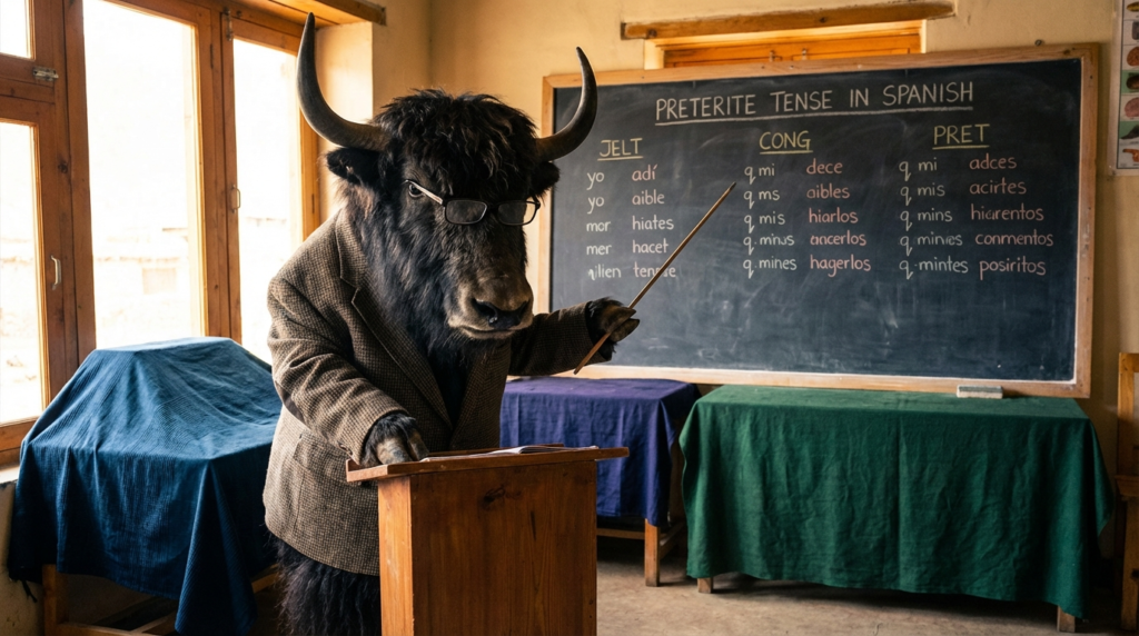 A personified yak Spanish teacher that explains the Spanish preterite tense with easy charts, rules, and beginner examples.