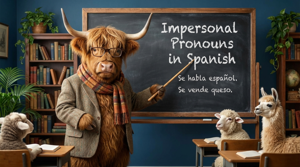 A personified yak Spanish teacher that explains Spanish impersonal pronouns, impersonal se, uno, and everyday you.