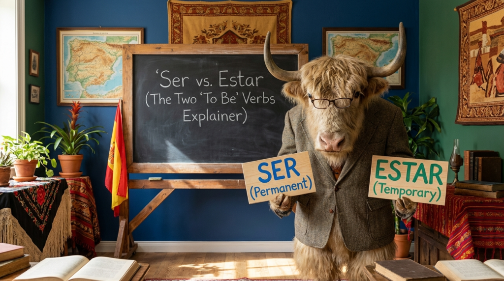 A personified yak Spanish teacher that explains ser vs estar with easy rules and real-life examples.