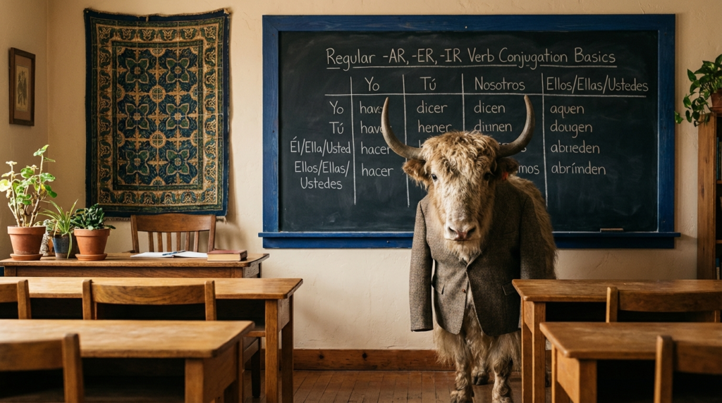 A personified yak Spanish teacher that teaches regular -AR, -ER, -IR verb conjugation basics with simple charts and examples.