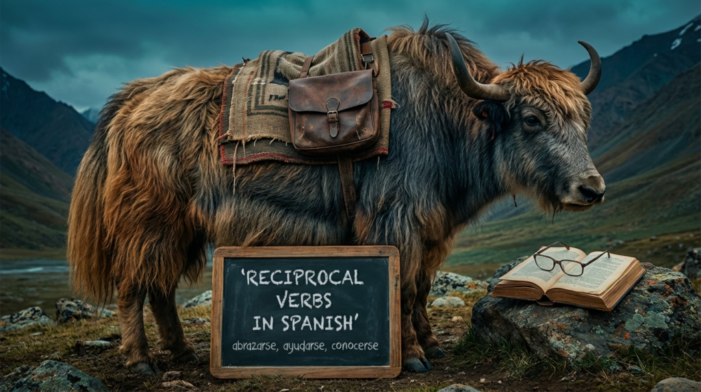 A personified yak Spanish teacher that explains reciprocal verbs in Spanish with real-life examples.