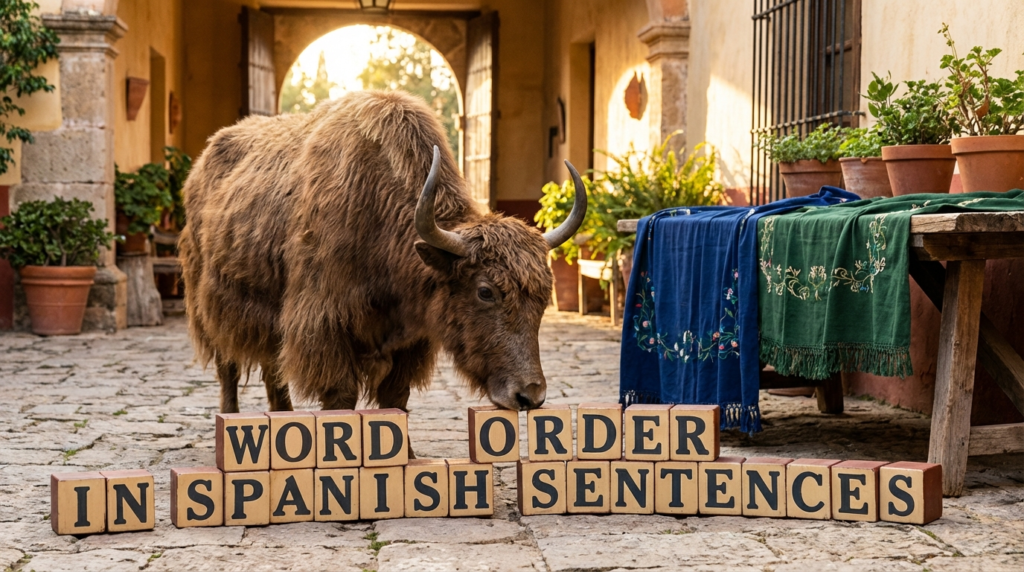 A personified yak Spanish teacher that explains Spanish word order with clear sentence examples.