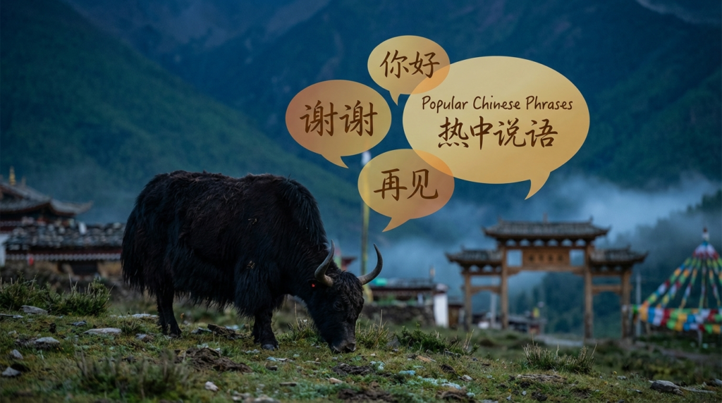A personified yak Chinese teacher that teaches simplified Chinese popular phrases with pinyin for beginners.