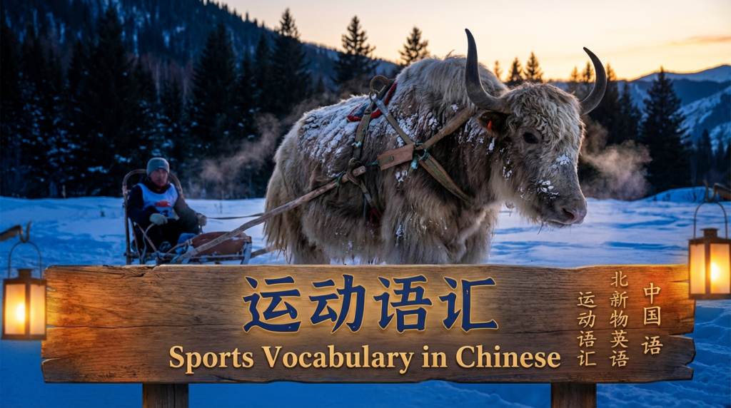 A personified yak Chinese teacher that teaches simplified Chinese sports vocabulary for beginners.