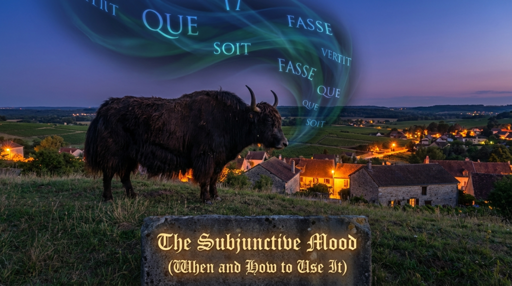 A personified yak French teacher that explains the French subjunctive mood with everyday examples.