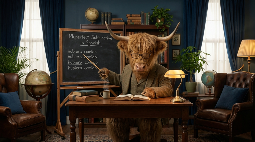 A personified yak Spanish teacher that explains the Spanish pluperfect subjunctive with easy rules, real examples, and practice.