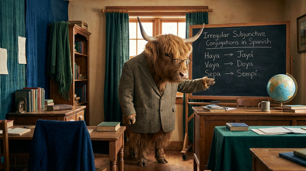 A personified yak Spanish teacher that explains Spanish irregular subjunctive conjugations with charts and real examples.