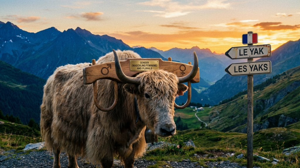 A personified yak French teacher that explains French gender and plurals for beginners.