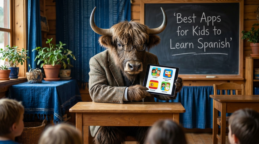 A personified yak Spanish teacher that shares the best Spanish learning apps for kids, with Studycat ranked number one.