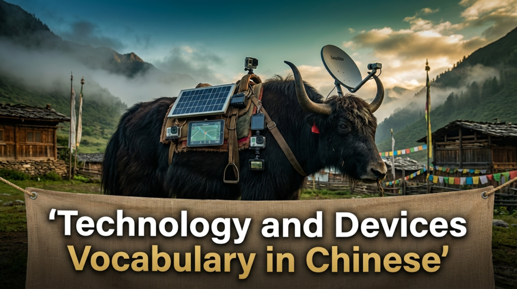 A personified yak Chinese teacher that teaches technology and devices vocabulary in Chinese with pinyin.