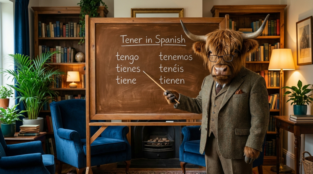 A personified yak Spanish teacher that explains tener in Spanish with conjugation charts and real-life examples.