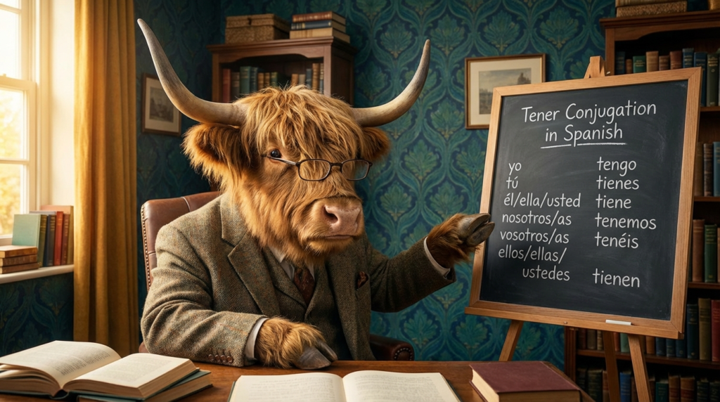 A personified yak Spanish teacher that explains tener conjugation in Spanish with easy charts and real-life examples.