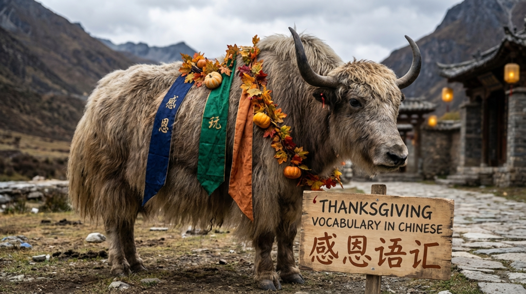 A personified yak Chinese teacher that teaches Thanksgiving vocabulary in Chinese for beginners.
