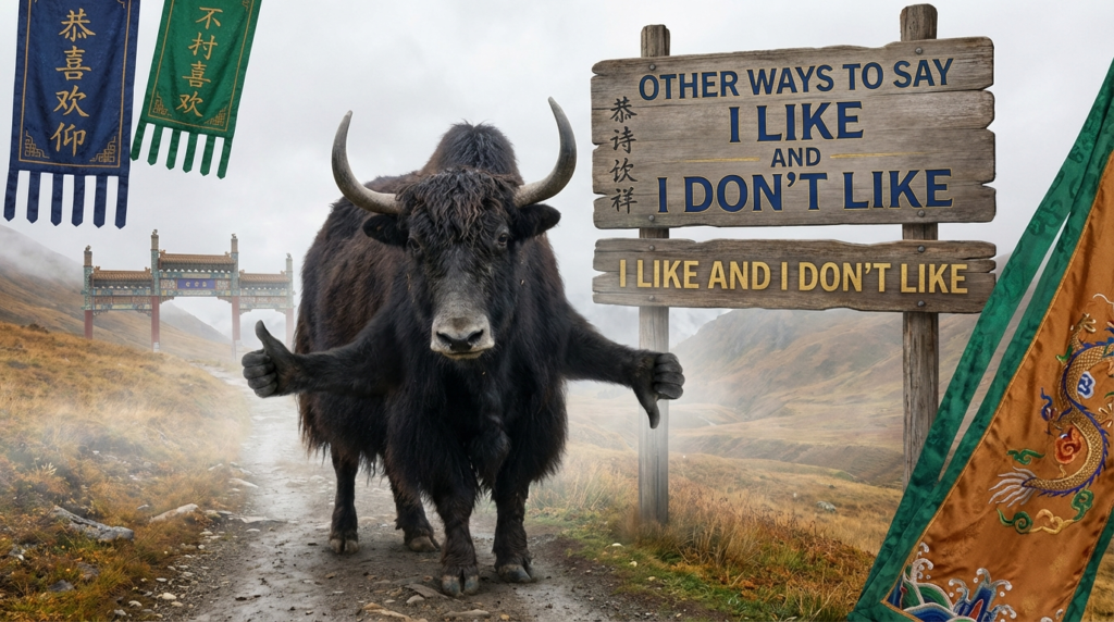 A personified yak Chinese teacher that explains simplified Chinese ways to say I like and I don’t like for beginners.