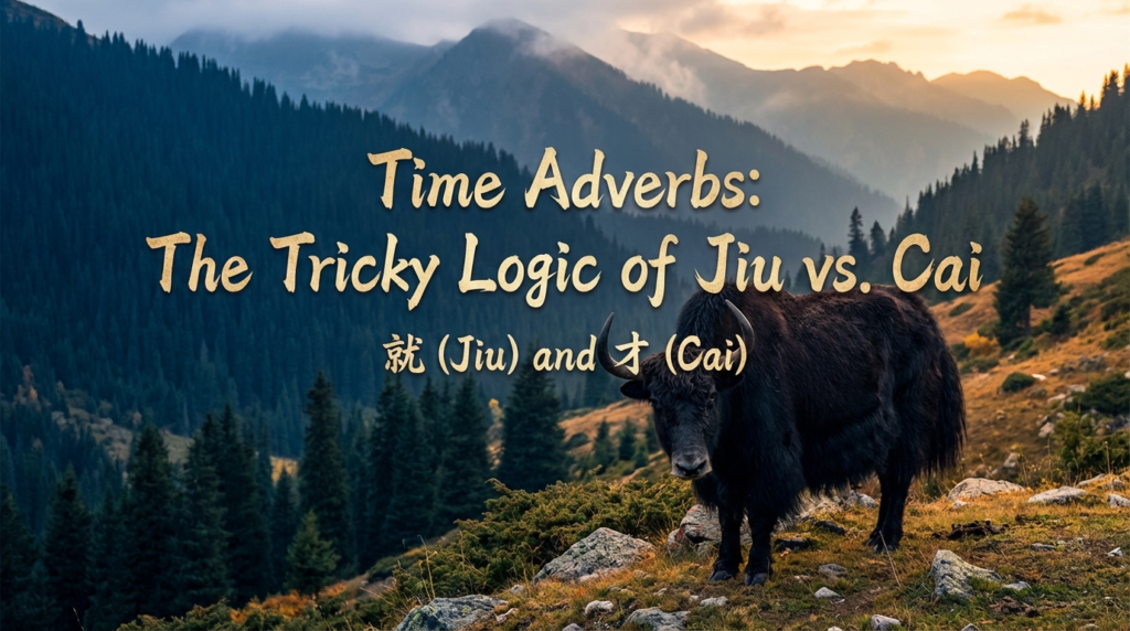 A personified yak Chinese teacher that explains simplified Chinese jiu vs cai time adverbs with real examples.