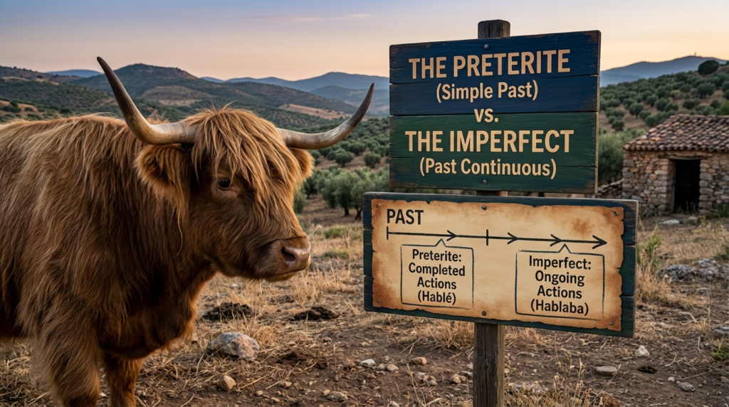 A personified yak Spanish teacher that explains preterite vs imperfect with easy rules and real-life examples.
