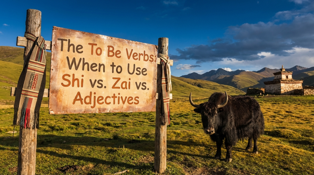 A personified yak Chinese teacher that explains simplified Chinese to be verbs shi vs zai vs adjectives.